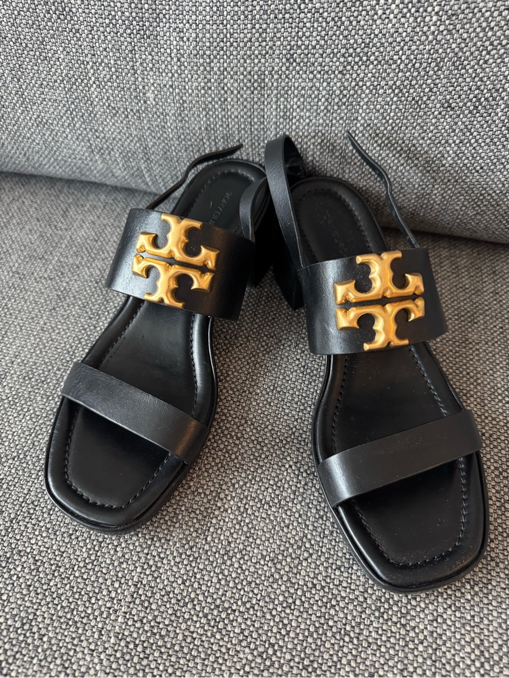 Tory Burch Black Leather Slingback Sandals with Gold Logo Accent